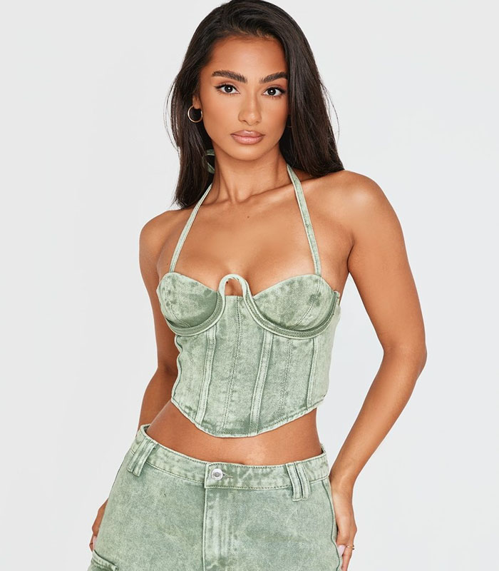 Petite Washed Green Denim Seam Detail Corset