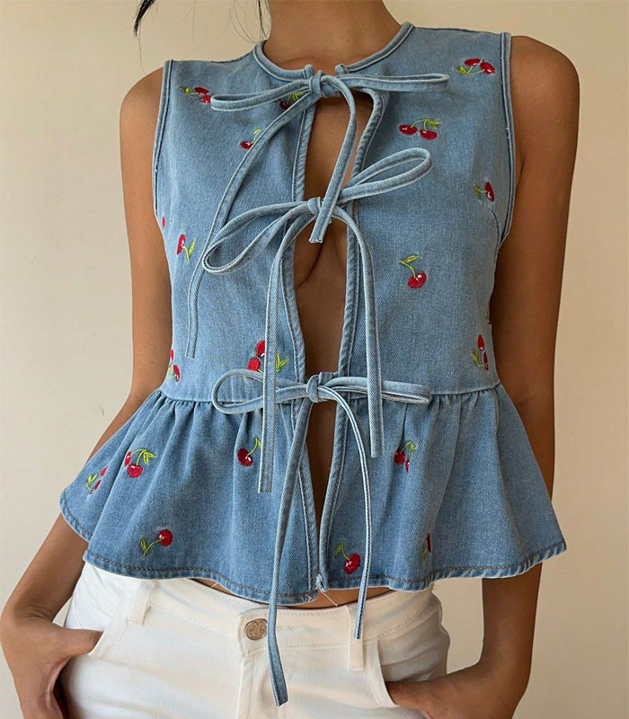 Women's Casual Denim Tie Front Top With Cherry Embroidery And Ruffle Hem Detail