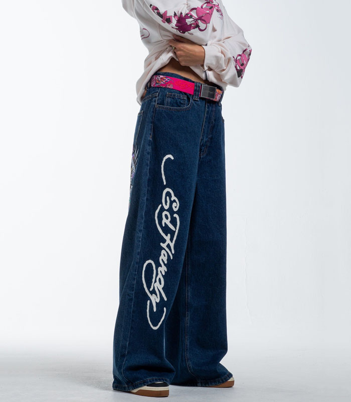 Women's Dark Blue Wide-Leg Jeans with Screen Print High Waist Boho Chic Denim Pants