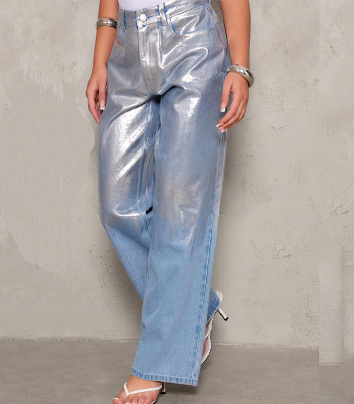 Women's Distressed Silver Wash Denim Jeans Relaxed Fit Straight Leg Pants