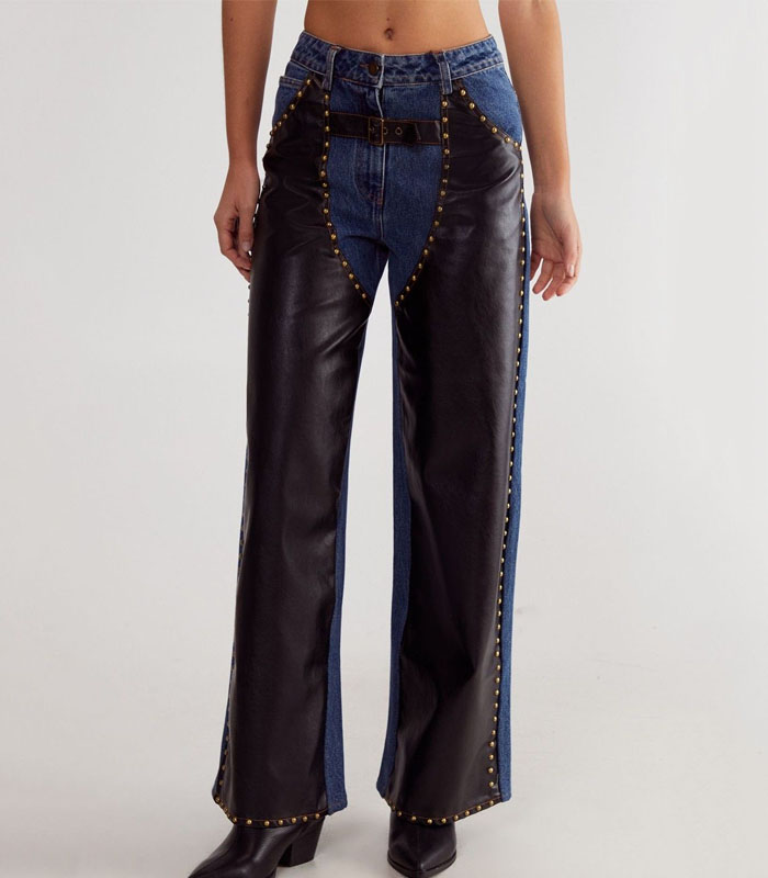 Rock Chic Straight Leg Jeans Distressed Denim with Faux Leather Panels Studded Rivet Details