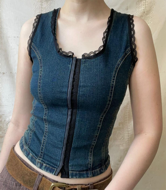 vintage denim corset top - dark wash denim - black lace trim