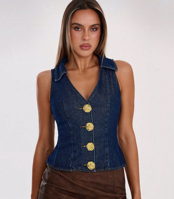 Women's Light Blue Denim Sleeveless Button Up Vest Fashion Metal Decorative Buttons