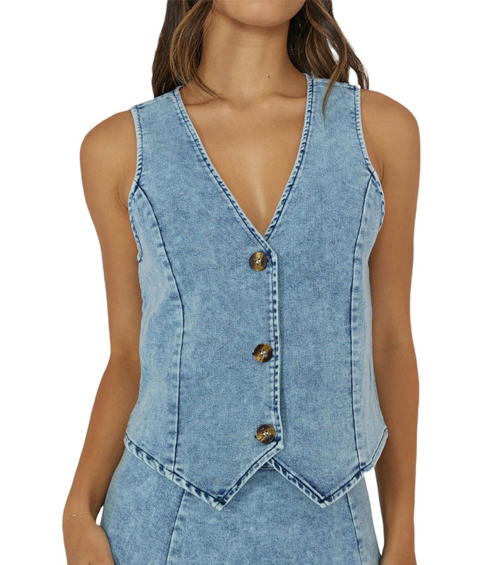 Women's Light Blue Washed Denim Vest Stylish Casual Sleeveless Jacket