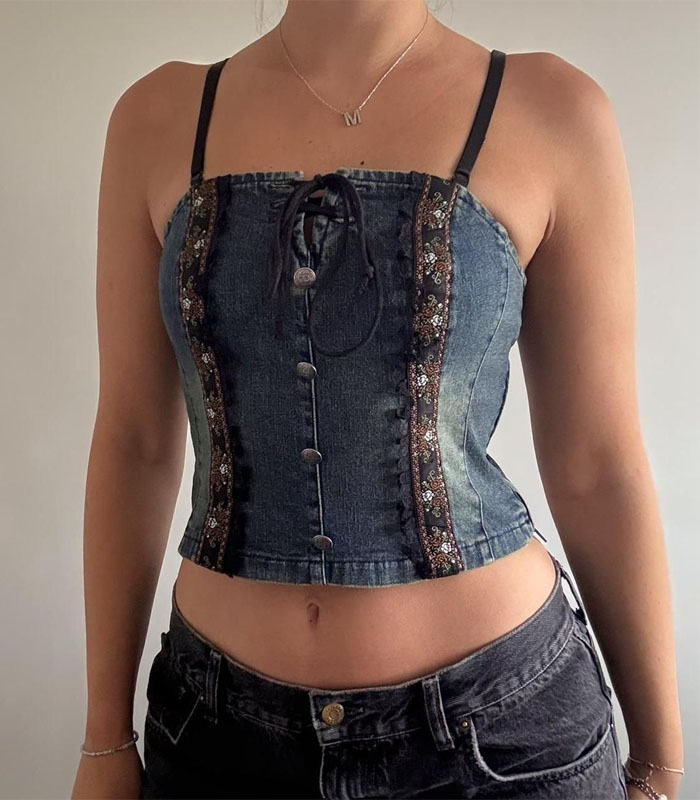 Vintage Blue Denim Corset Top – Sexy Lace-Up Bustier with Lace Trim, Retro Fitted Corset Shirt for Women