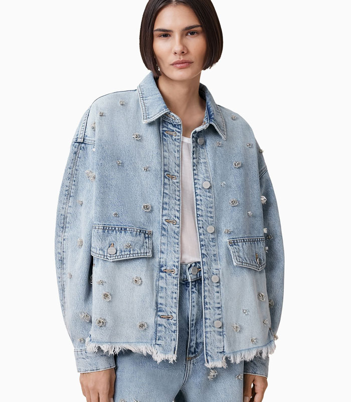 Vintage Light Blue Washed Denim Jacket with Handmade Embroidered Sequins Raw Hem Oversized Spring Casual Loose Fit Women's Coat