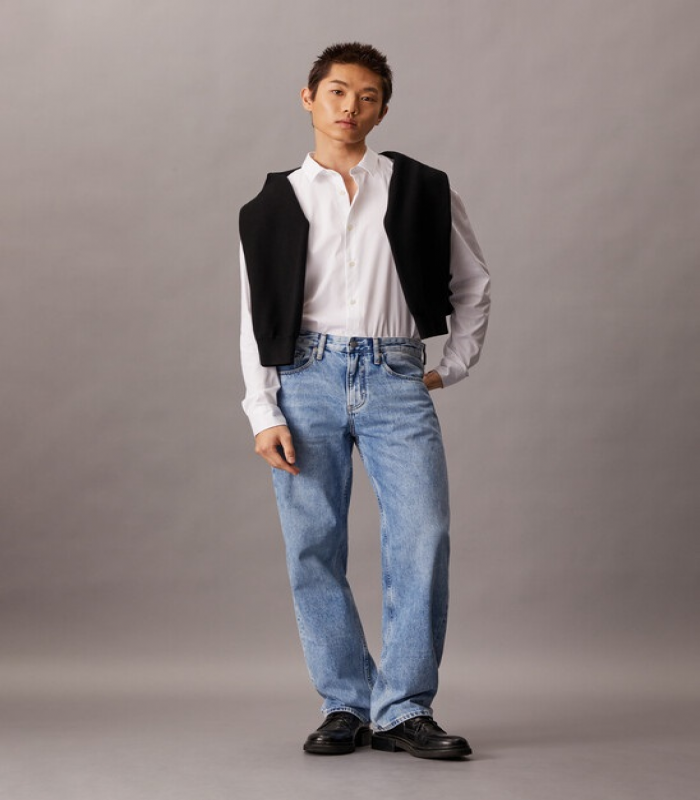 men's loose solid denim barrel pants with multi po